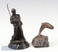 2x Bronze Fishing Sculptures – one of a standing fisherman reeling in a fish with a curved rod,