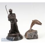 2x Bronze Fishing Sculptures – one of a standing fisherman reeling in a fish with a curved rod,