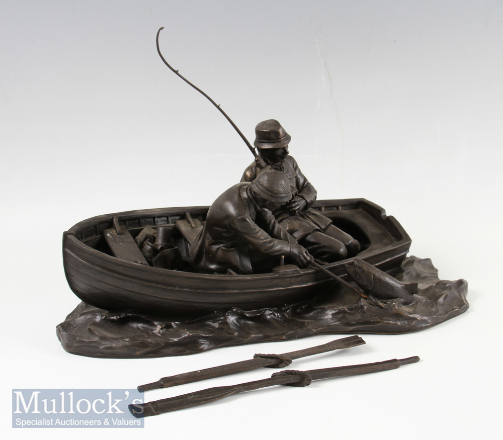 Roland Chadwick cold cast bronze fishing scene – label to the base titled “Anglers” landing a salmon