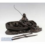 Roland Chadwick cold cast bronze fishing scene – label to the base titled “Anglers” landing a salmon