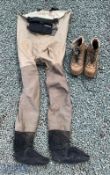 Pair of Simms Waders size L-Short in brown, with pair of wading boots, size 10, all used