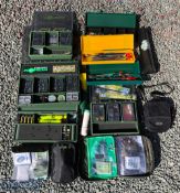 Selection of Various fishing accessories with Korda plastic trays containing floats, bait