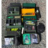 Selection of Various fishing accessories with Korda plastic trays containing floats, bait