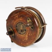Unnamed 4 ½” wooden Nottingham brass star back Salmon reel with rear alloy flange, twin handle (