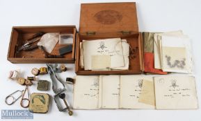 2x Wooden box containing fly-tying accessories, fly casts etc mostly laid between papers with