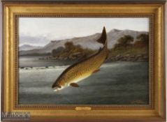 Knight, A. Roland (1879-1921) oil on canvas titled “The Leap” depicting a Brown Trout caught on