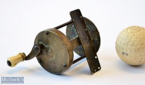 Early Vic Small Brass Wide Drum Multiplying reel c1860s – 1.75” x 2” with curved crank arm fitted