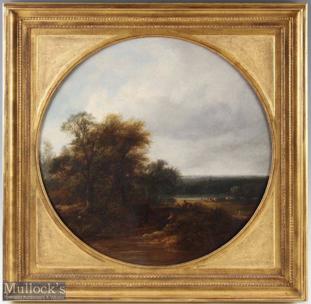 Traies, William (1789-1872) – oil on canvas of river fishing scene with fisherman in the