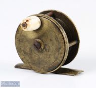 Jones Maker London 2 ¼” all brass fly reel marked with early fish logo to base of foot, constant