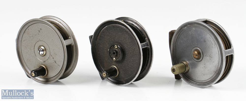 3x Various alloy trout fly reels to include M.C Thornburn Edinburgh 3 3/8” with bent smooth brass