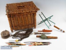 Wicker Fishing Creel and Mixed Accessories – square small creel with lid, one original hinge
