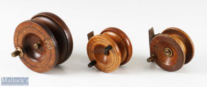 3x Nottingham wood and brass reel incl’ a 4” H. Matcham reel (missing handle), plus a 2 ¾” strapback