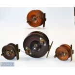 4x various Nottingham wooden and brass star and strap back reels - 3x brass star backs, 2x with on/