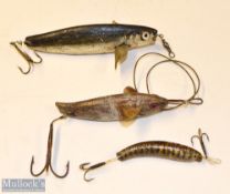 3x early gutta percha artificial baits – one with glass eyes measuring 3.5” c/w fins - missing its