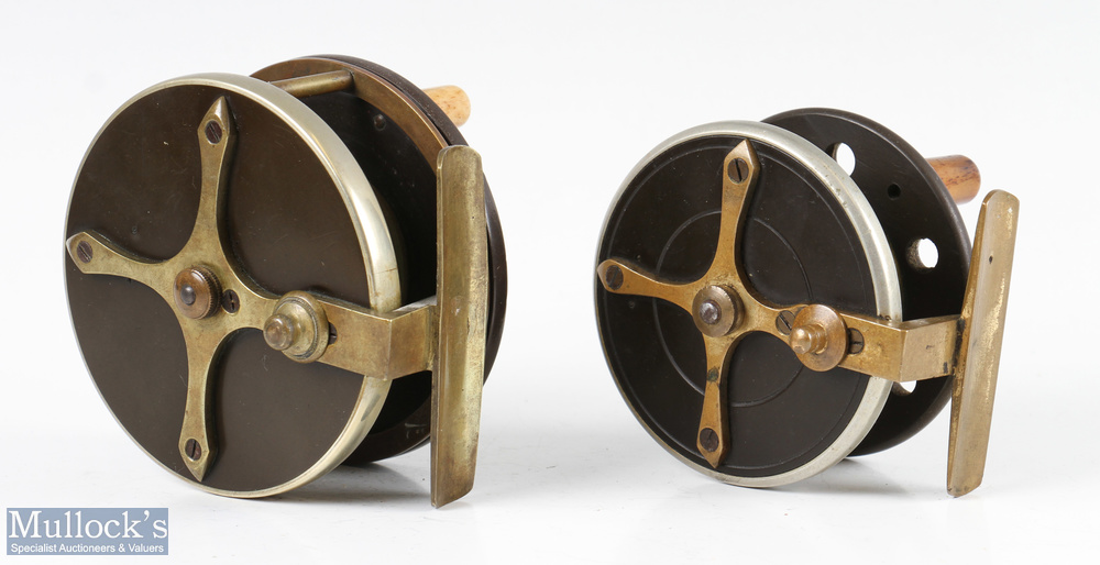 2x Slater pattern ebonite combination reels featuring a 3 ½” ebonite and brass fly reel having an - Image 2 of 2