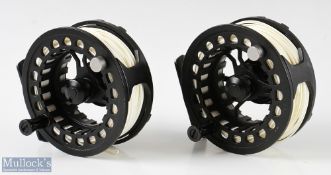 2x Greys GTS 300 4/5/6 large arbour fly reels both in black, rear drag adjuster, both appear with