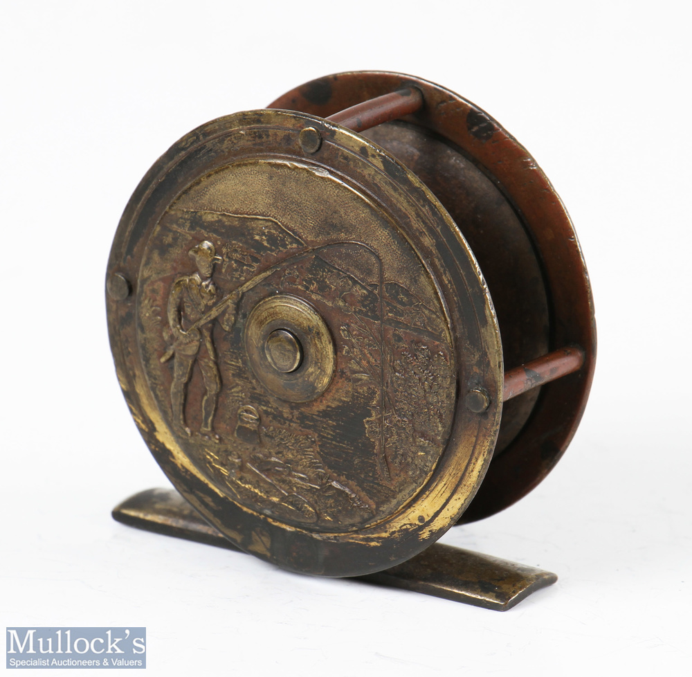 Reuben Heaton 2 ½” embossed fishing scene all brass fly reel with serpentine crank handle, - Image 2 of 2