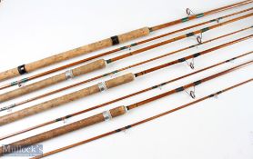 Selection of unnamed split cane spinning rods some with red agate lined butt/tip rings, with cloth
