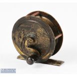 Reuben Heaton 2 ½” embossed fishing scene all brass fly reel with serpentine crank handle,