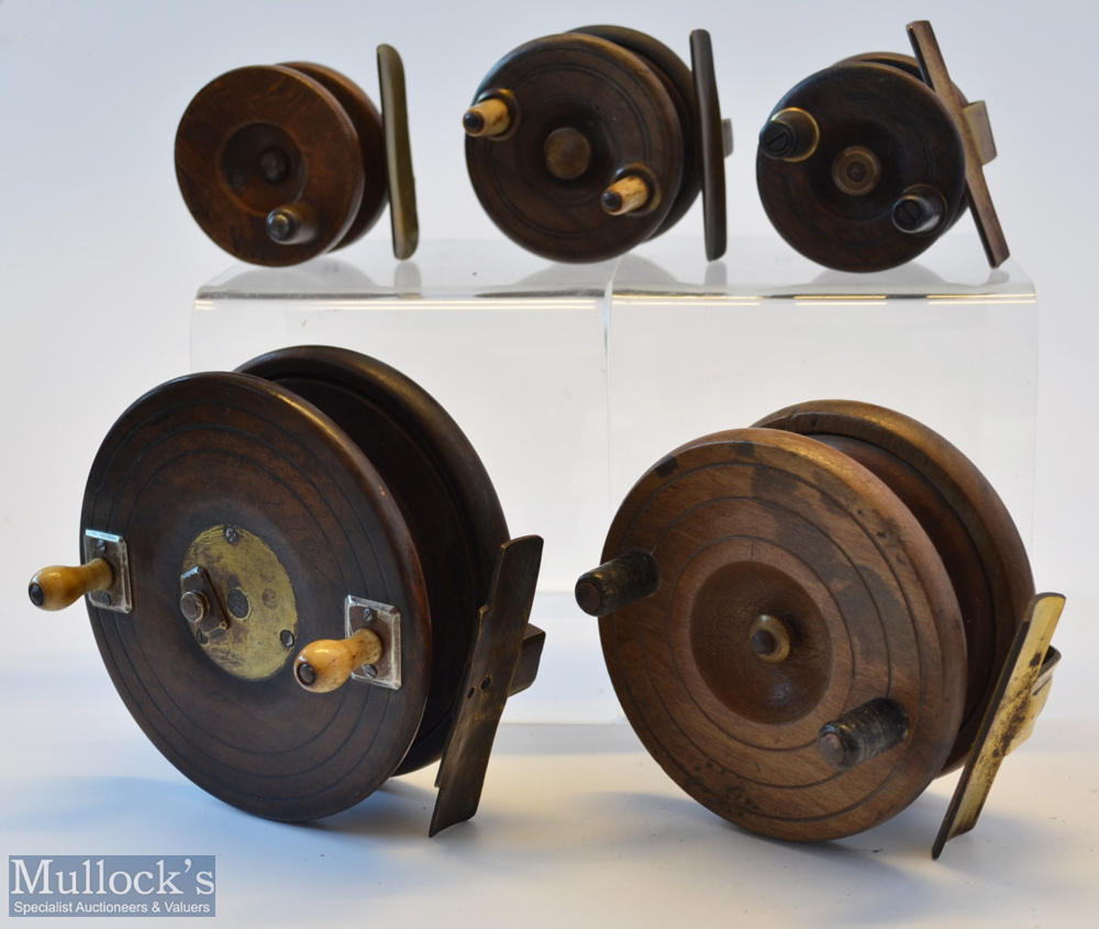 Collection of 5x various sizes wooden Nottingham and brass back reels incl Milwards and Allcocks –