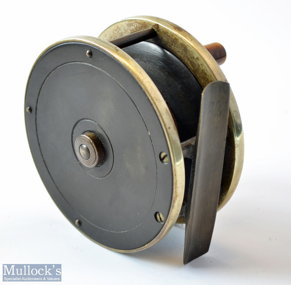 Fine “The Fly Fishers SEJ Winch” 2.75” brass and ebonite fly reel - with German silver rims, bone - Image 2 of 2