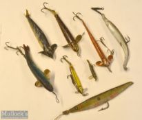 Interesting collection of Artificial Fishing Lures (8) incl stitched leather, silk, hard rubber/
