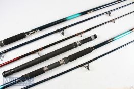 3x various Fishing rods including a Daiwa boat rod with cloth bag, a 10ft 2pc beach caster with