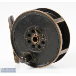 S Allcock & Co stamped Moscrop Manchester 4” patent brake brass fly reel in black finish, screw