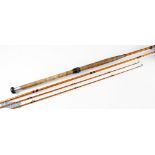 Walker Bampton & Co of Alnwick 12ft 9in split cane salmon fly rod 3pc, plus spare tip, clear agate