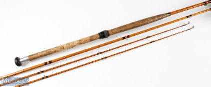 Walker Bampton & Co of Alnwick 12ft 9in split cane salmon fly rod 3pc, plus spare tip, clear agate