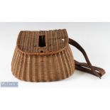 Early 20th century French Reed Small Fishing Creel with centre slot and period leather strap, hinges