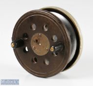 Unnamed Ebonite 4 ½” combination fly reel with nickel silver rim, brass starback, rear alloy flange,