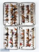 Hardy Bros Alnwick alloy dry fly case/box and flies measuring 9x6x1.5cm with clips and flies