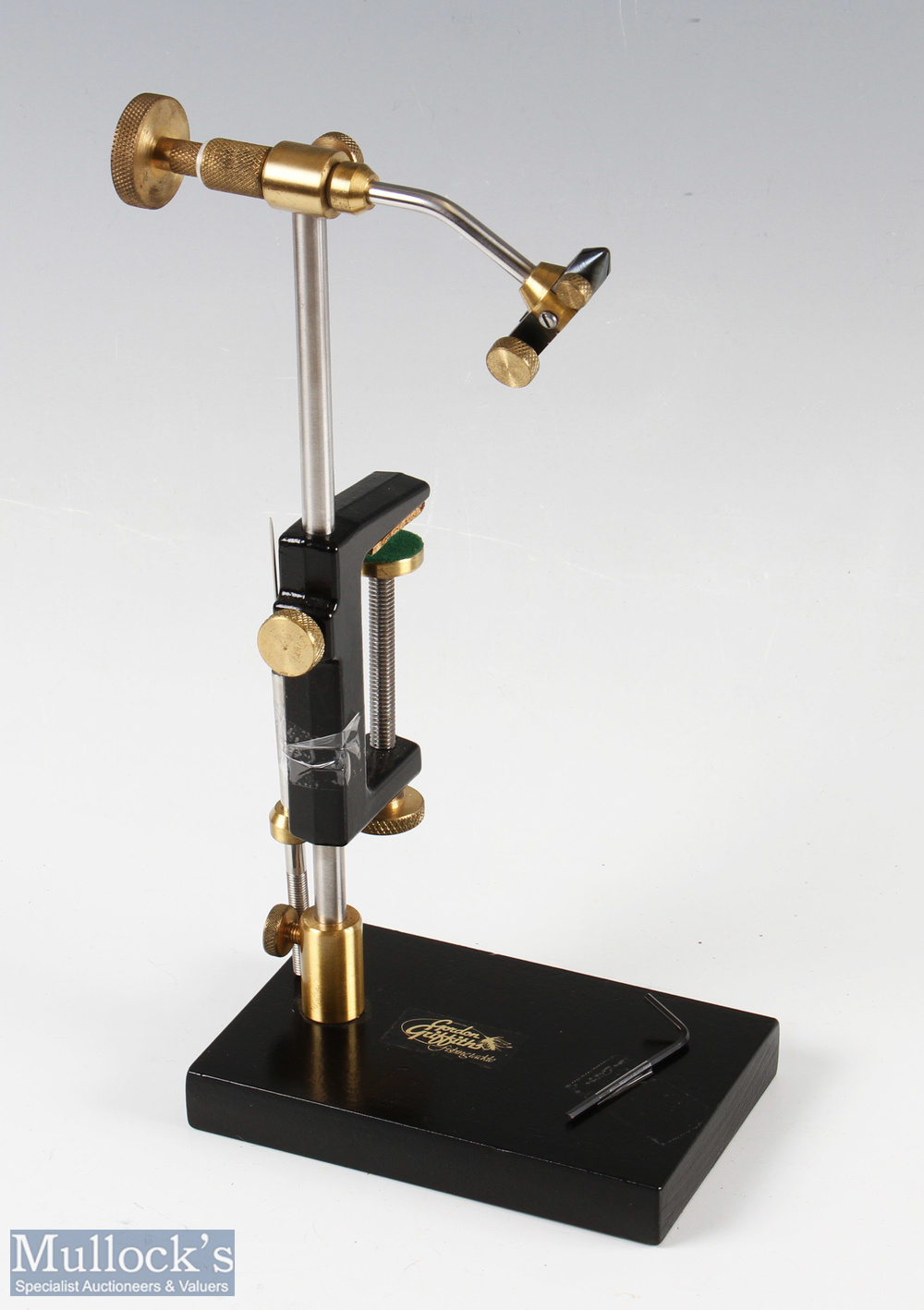 Gordon Griffiths Fly Tying Vice with black body and pedestal with brass fittings plus tube fly