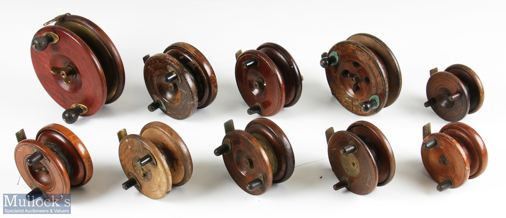 Selection of wood and brass backed reels consisting of a Sun Patent 1885 5 ½” starback reel with