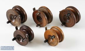 Selection of wooden strap back Nottingham reels consisting of a 3” (x2) and 3x 3 ½” reels one with S