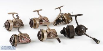 5x J W Youngs & Sons Ambidex fixed spool reels featuring 4x with ½ bail arms and 1x with full bail