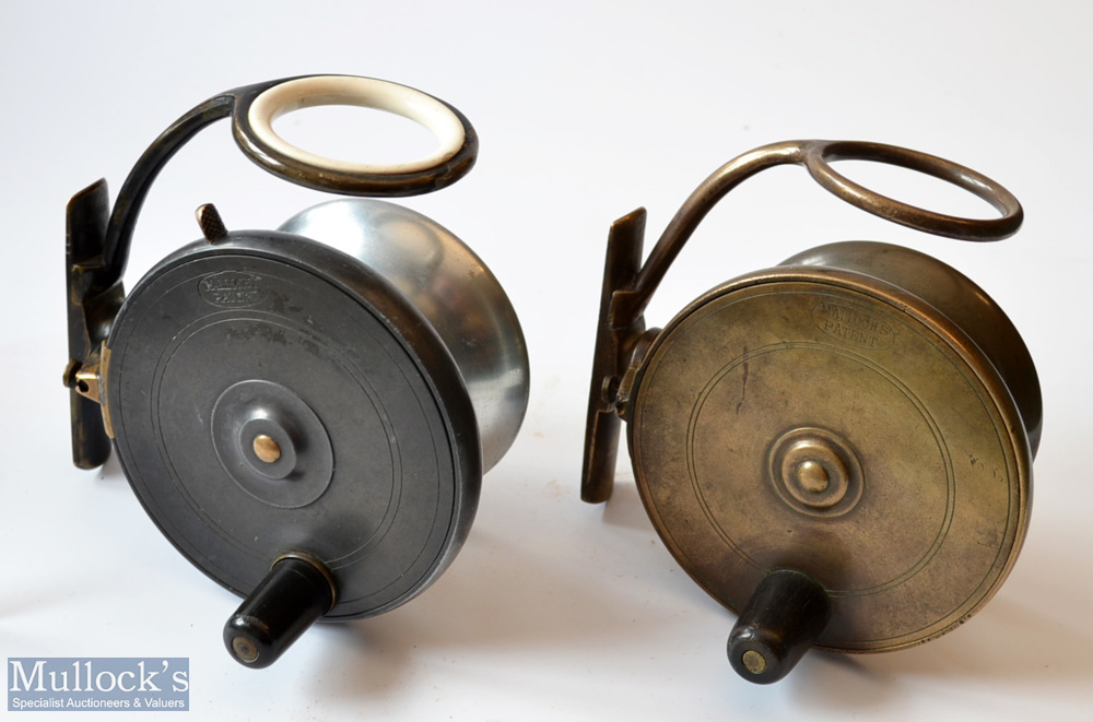 2x P D Malloch Perth Patent 3.25” Sidecasting reels – scarce dark lead alloy and brass reel with