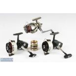 ABU Cardinal 77 fixed spool reels one foot stamped 097006, one foot indecipherable on/off checks,