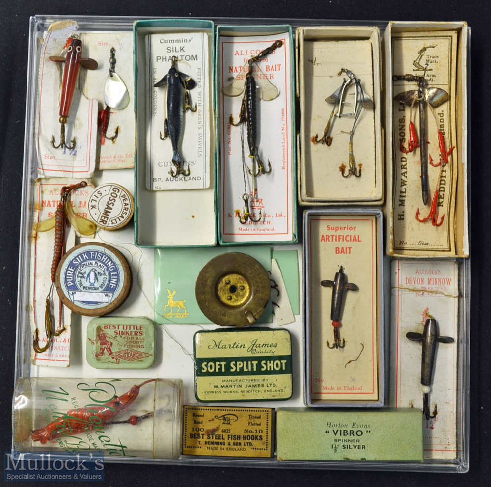 Collection of Unused Fishing Lures, Hooks, silk line - all on makers original cards, tins and
