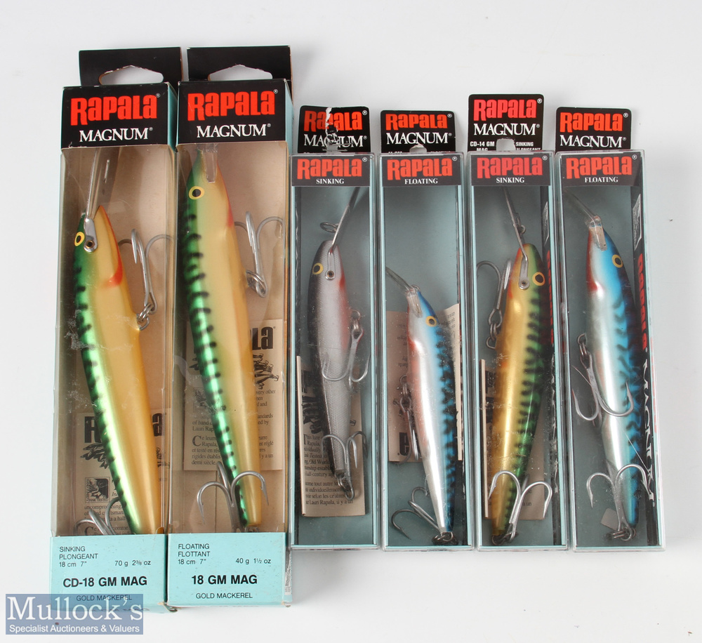 6x Rapala Boxed Magnum Lures – 3x sinking and 3x floating, 3 gold mackerel, 2 silver mackerel and