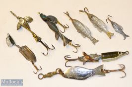 Selection of early Fishing Spiral lures and other metal artificial fish from the 1880s onwards -