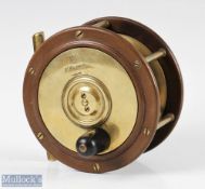 E Paton Perth 4 ¼” brass and ebonite salmon fly reel with black handle, smooth foot, strong check,