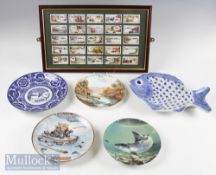 Mixed Fishing Ceramics incl blue and white Japanese koi design plate, 3x Danbury Mint plates,