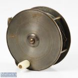 Unnamed 4” brass plate wind Salmon fly reel with white handle, silk line, strong constant check,
