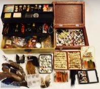 Various Fly-tying accessories and flies including a cantilever plastic carry case with feathers,