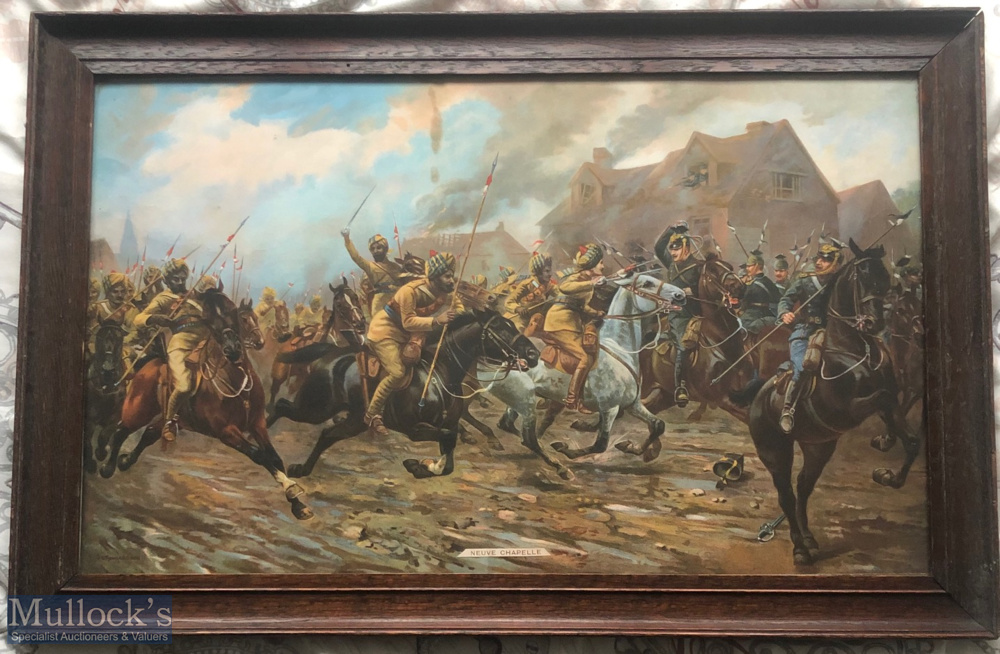 India – WWI Military Lithograph showing Sikhs of the Bengal lancers charge Germans at the Battle