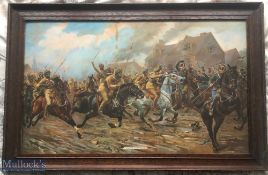 India – WWI Military Lithograph showing Sikhs of the Bengal lancers charge Germans at the Battle