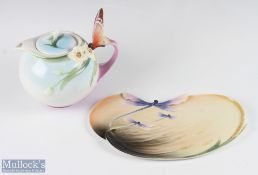 Franz Porcelain Butterfly Design Tea Pot with a similar dragonfly design dish (2)
