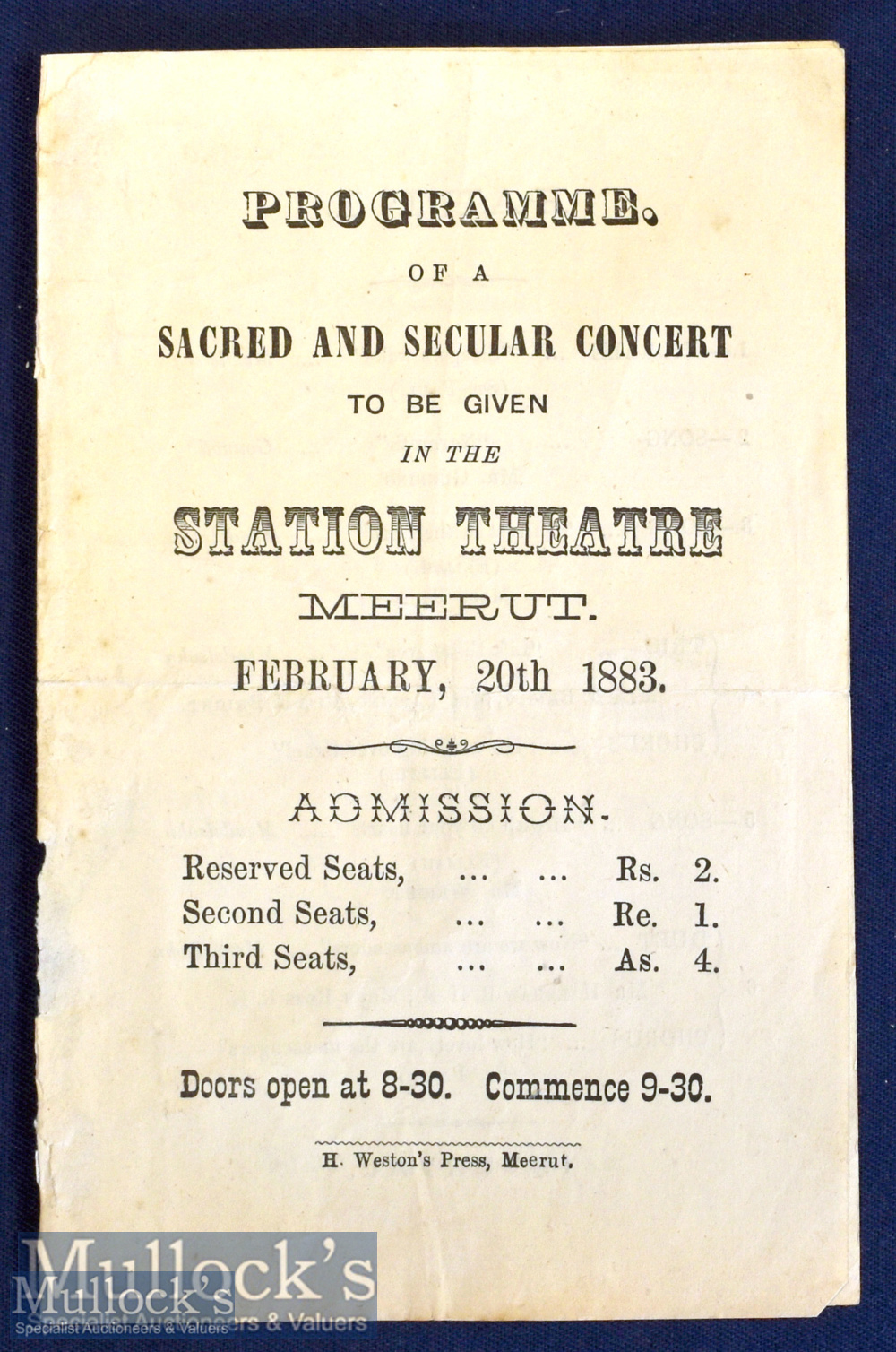 Meerut India Station Theatre Sacred & Secular Concert Programme 20 FEB 9.30. 1883 A 4 page programme